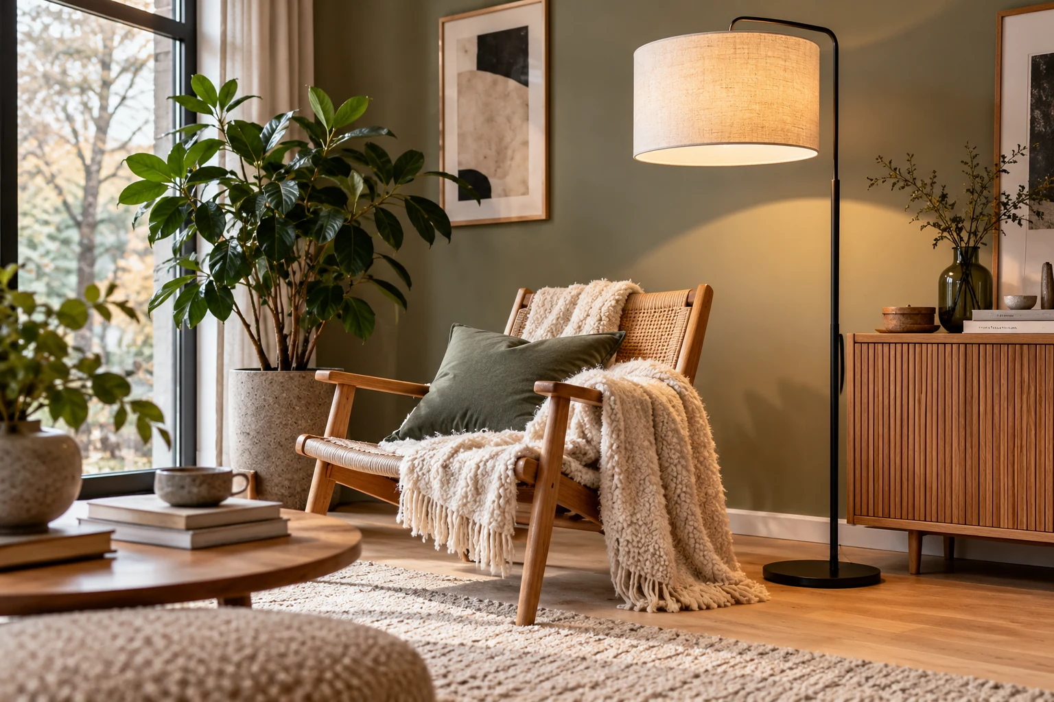 Mid-Century-Stehlampe mit Stoffschirm und Walnussmöbeln