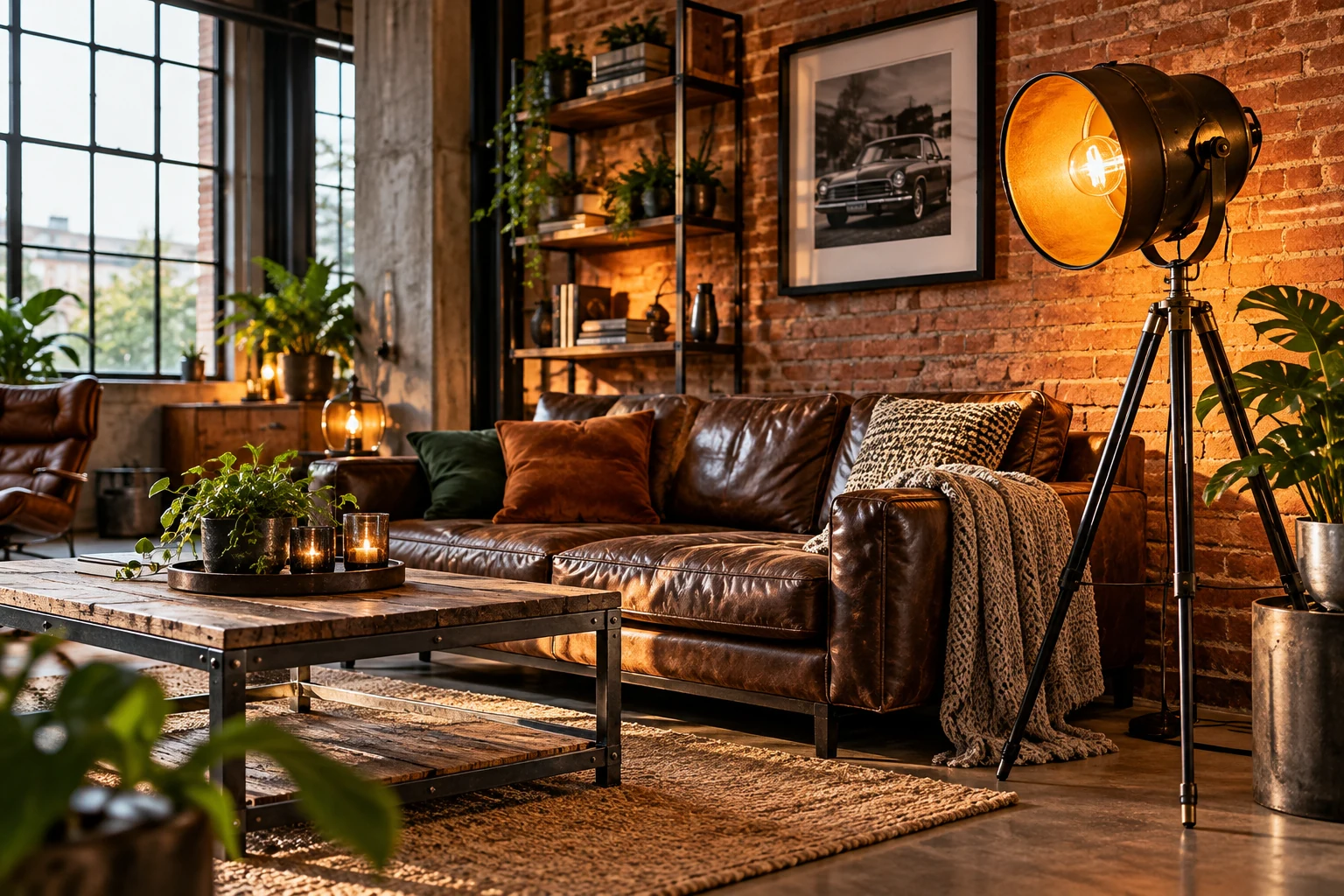 Industrielle Stativleuchte vor einer Backsteinwand