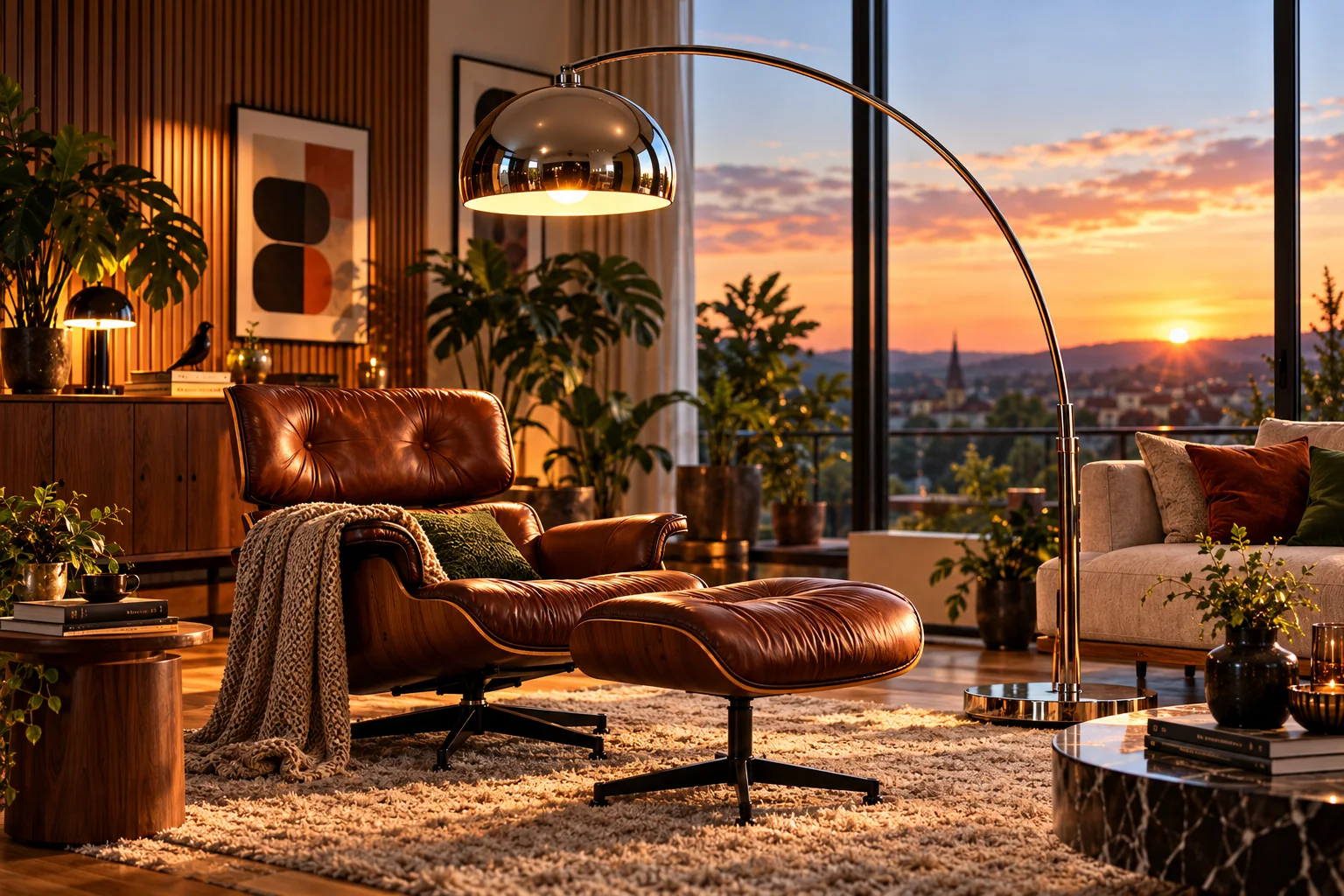 Retro-Bogenlampe mit Chromschirm in einem warm eingerichteten Wohnzimmer