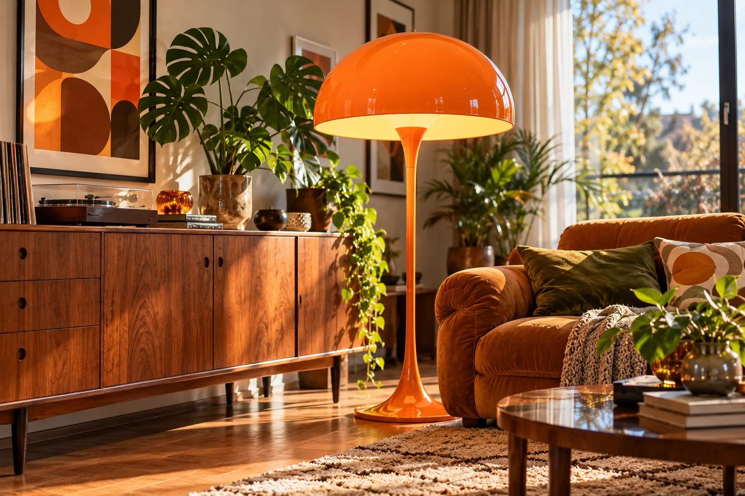 Wohnbereich im Retro-Stil mit orangefarbener Design-Stehleuchte